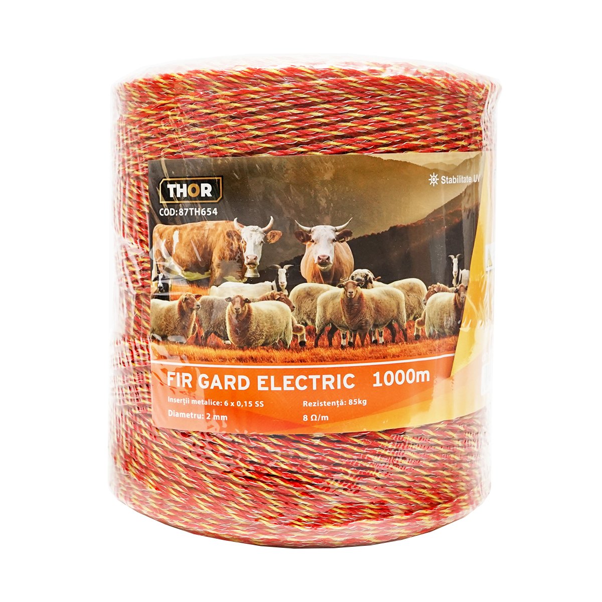Rola fir galben-rosu fi 2mm insertie metalica 6x0.15mm SS, rezistenta 8 Ohm/m, 1000m gard electric Thor